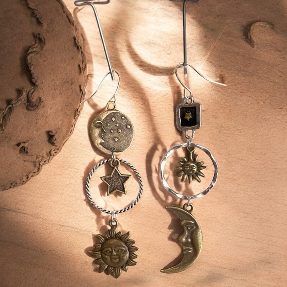 Boho Celestial Charm Earrings - Bronze and Silver toned Bohemian Boho Celestial - Picture 13 of 17